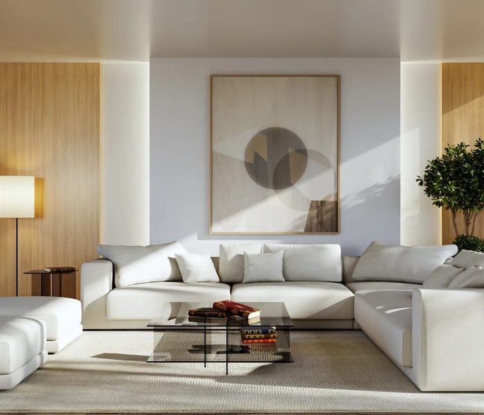 Clean, bright living room with fresh carpet